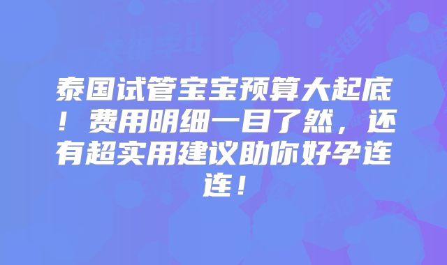 泰国试管宝宝预算大起底!费用明细一目了然,还有超实用建议助你好孕连连!