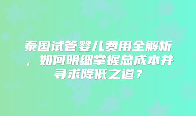 泰国试管婴儿费用全解析，如何明细掌握总成本并寻求降低之道？