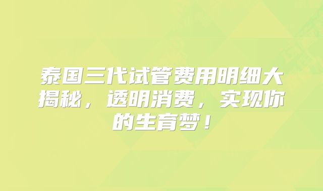 泰国三代试管费用明细大揭秘，透明消费，实现你的生育梦！