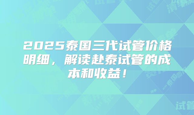 2025泰国三代试管价格明细，解读赴泰试管的成本和收益！