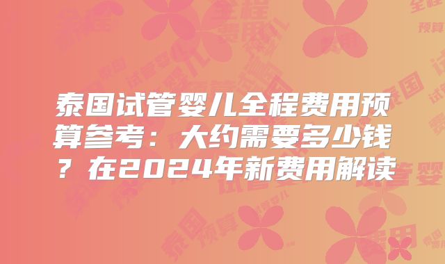 泰国试管婴儿全程费用预算参考：大约需要多少钱？在2024年新费用解读