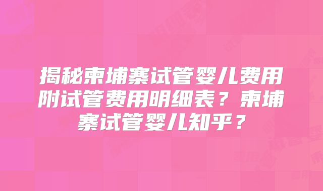 揭秘柬埔寨试管婴儿费用附试管费用明细表？柬埔寨试管婴儿知乎？