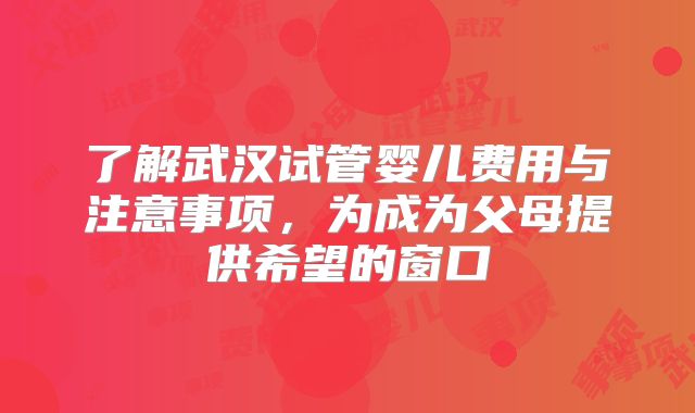 了解武汉试管婴儿费用与注意事项，为成为父母提供希望的窗口