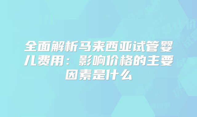 全面解析马来西亚试管婴儿费用：影响价格的主要因素是什么