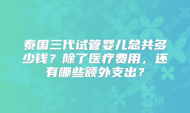 泰国三代试管婴儿总共多少钱？除了医疗费用，还有哪些额外支出？