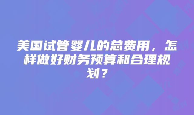 美国试管婴儿的总费用，怎样做好财务预算和合理规划？