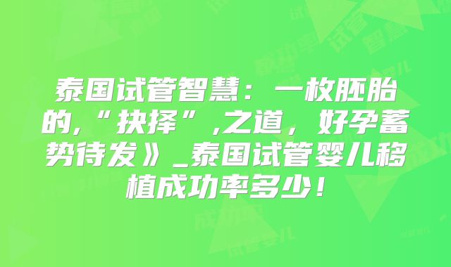 泰国试管智慧：一枚胚胎的,“抉择”,之道，好孕蓄势待发》_泰国试管婴儿移植成功率多少！