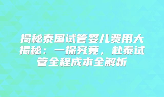 揭秘泰国试管婴儿费用大揭秘：一探究竟，赴泰试管全程成本全解析