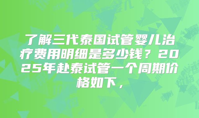 了解三代泰国试管婴儿治疗费用明细是多少钱？2025年赴泰试管一个周期价格如下，