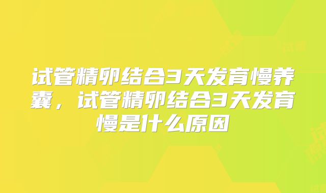 试管精卵结合3天发育慢养囊，试管精卵结合3天发育慢是什么原因