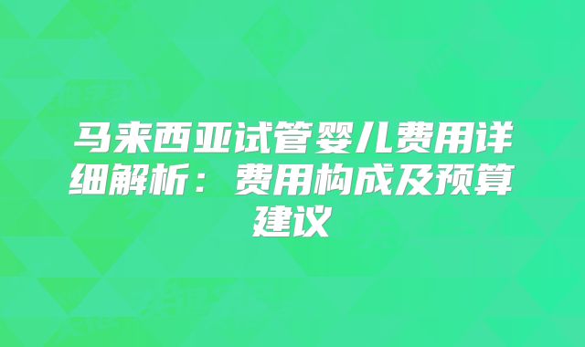 马来西亚试管婴儿费用详细解析：费用构成及预算建议