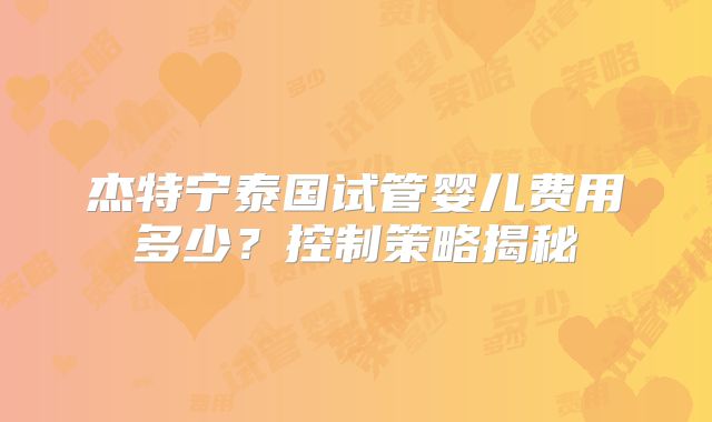 杰特宁泰国试管婴儿费用多少？控制策略揭秘