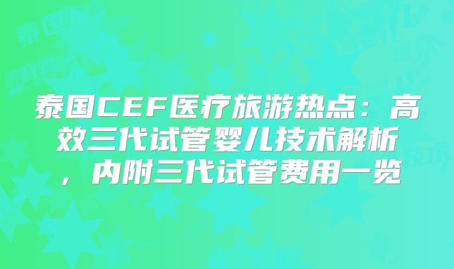 泰国CEF医疗旅游热点：高效三代试管婴儿技术解析，内附三代试管费用一览