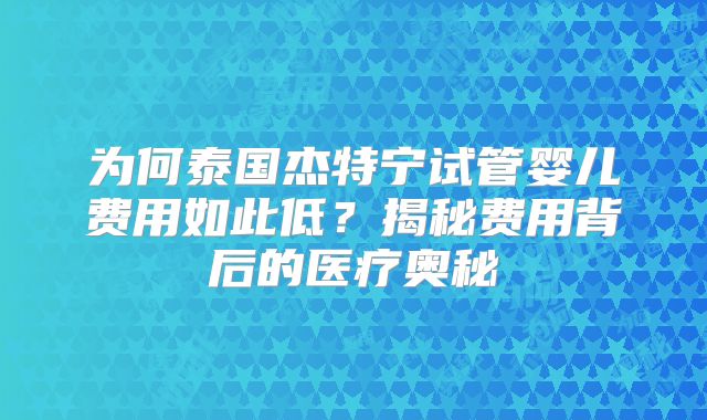 为何泰国杰特宁试管婴儿费用如此低？揭秘费用背后的医疗奥秘