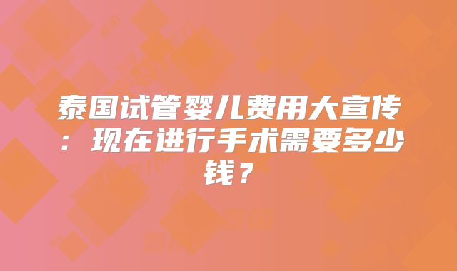 泰国试管婴儿费用大宣传：现在进行手术需要多少钱？