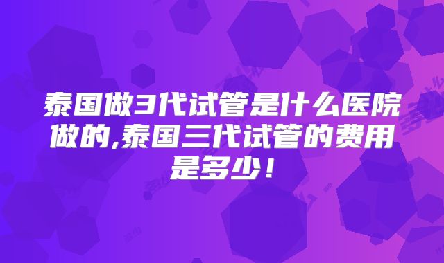 泰国做3代试管是什么医院做的,泰国三代试管的费用是多少！