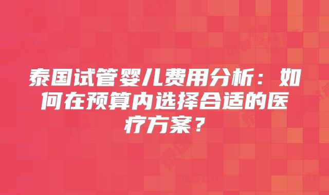 泰国试管婴儿费用分析：如何在预算内选择合适的医疗方案？