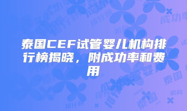 泰国CEF试管婴儿机构排行榜揭晓，附成功率和费用
