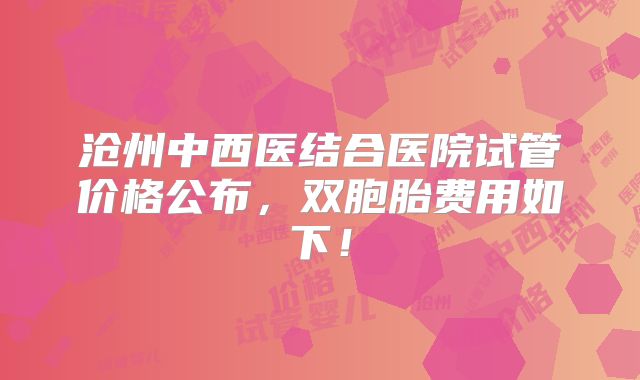 沧州中西医结合医院试管价格公布，双胞胎费用如下！