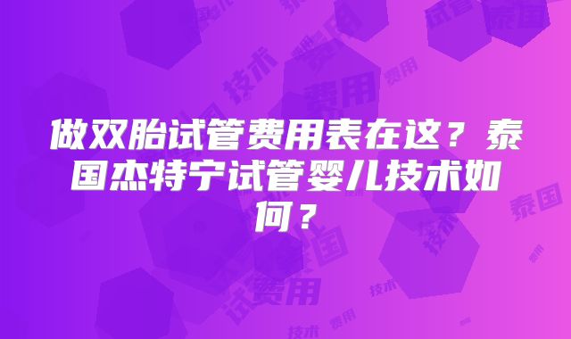 做双胎试管费用表在这？泰国杰特宁试管婴儿技术如何？