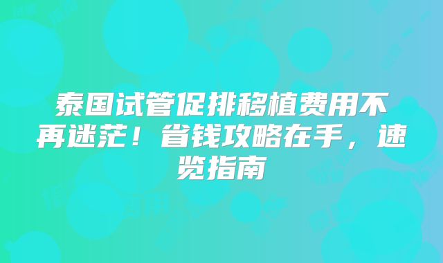 泰国试管促排移植费用不再迷茫！省钱攻略在手，速览指南