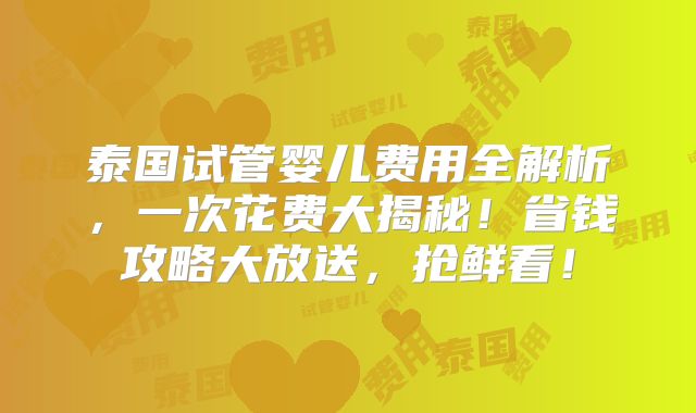 泰国试管婴儿费用全解析，一次花费大揭秘！省钱攻略大放送，抢鲜看！