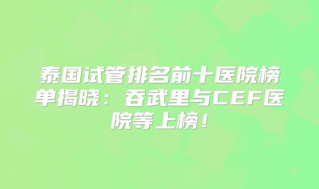 泰国试管排名前十医院榜单揭晓：吞武里与CEF医院等上榜！