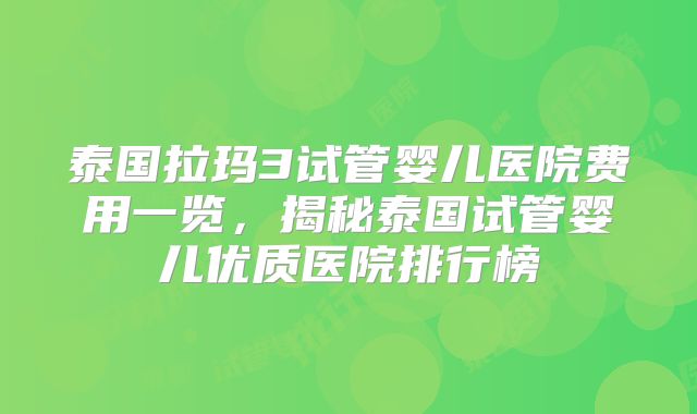 泰国拉玛3试管婴儿医院费用一览，揭秘泰国试管婴儿优质医院排行榜