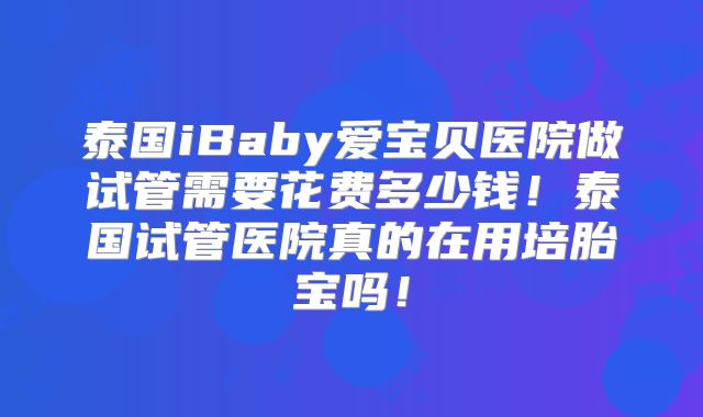 泰国iBaby爱宝贝医院做试管需要花费多少钱!泰国试管医院真的在用培胎宝吗!