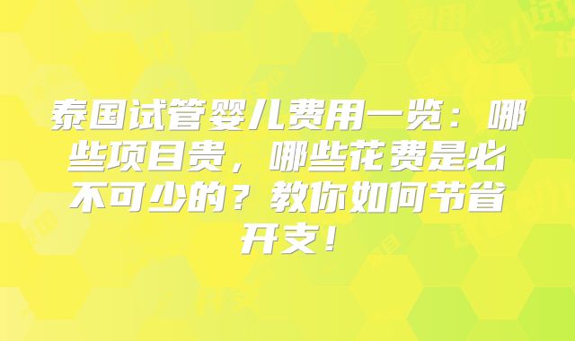 泰国试管婴儿费用一览：哪些项目贵，哪些花费是必不可少的？教你如何节省开支！