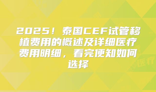 2025！泰国CEF试管移植费用的概述及详细医疗费用明细，看完便知如何选择