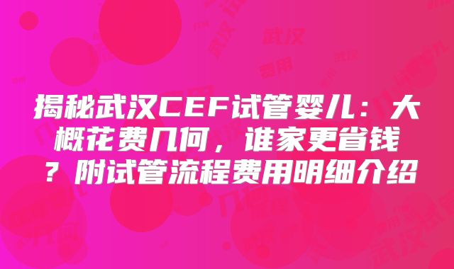 揭秘武汉CEF试管婴儿：大概花费几何，谁家更省钱？附试管流程费用明细介绍
