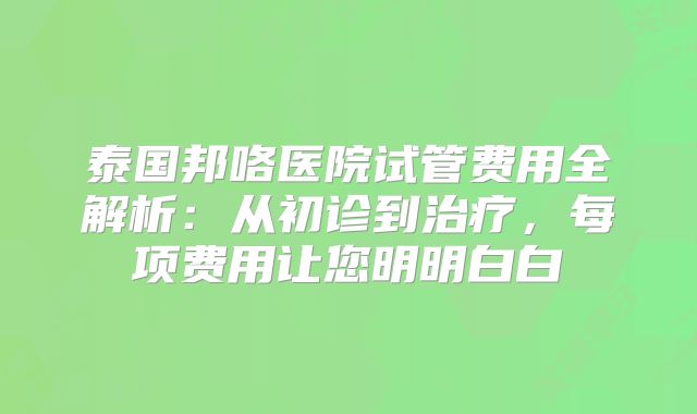 泰国邦咯医院试管费用全解析：从初诊到治疗，每项费用让您明明白白