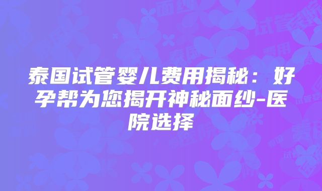 泰国试管婴儿费用揭秘：好孕帮为您揭开神秘面纱-医院选择