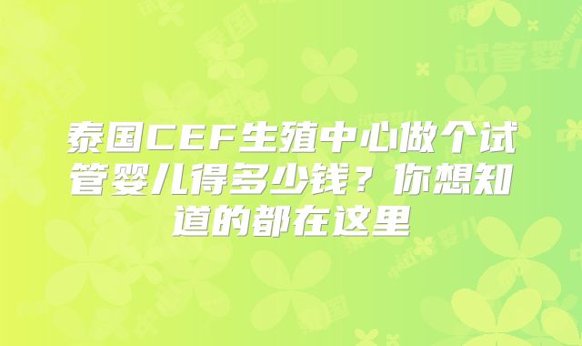 泰国CEF生殖中心做个试管婴儿得多少钱？你想知道的都在这里