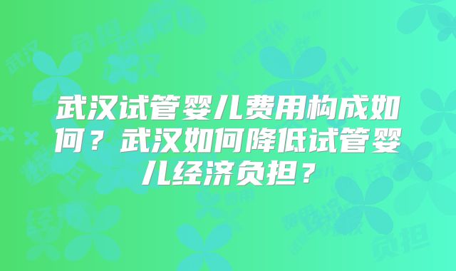 武汉试管婴儿费用构成如何？武汉如何降低试管婴儿经济负担？