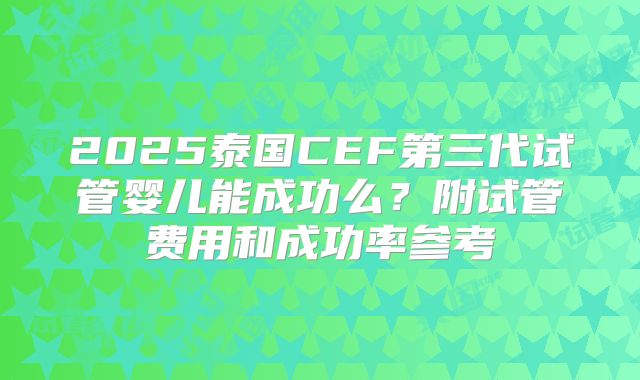 2025泰国CEF第三代试管婴儿能成功么？附试管费用和成功率参考