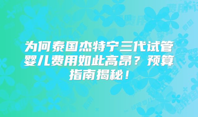 为何泰国杰特宁三代试管婴儿费用如此高昂？预算指南揭秘！