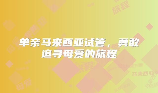 单亲马来西亚试管,勇敢追寻母爱的旅程
