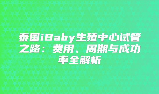 泰国iBaby生殖中心试管之路：费用、周期与成功率全解析