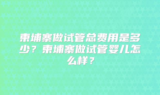 柬埔寨做试管总费用是多少？柬埔寨做试管婴儿怎么样？