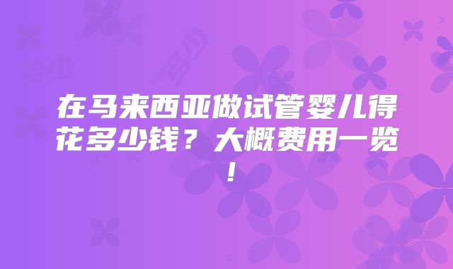 在马来西亚做试管婴儿得花多少钱？大概费用一览！
