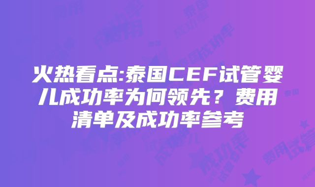 火热看点:泰国CEF试管婴儿成功率为何领先？费用清单及成功率参考