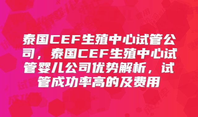 泰国CEF生殖中心试管公司，泰国CEF生殖中心试管婴儿公司优势解析，试管成功率高的及费用