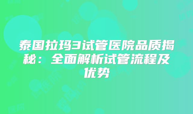 泰国拉玛3试管医院品质揭秘：全面解析试管流程及优势