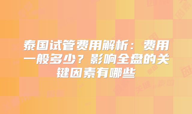 泰国试管费用解析：费用一般多少？影响全盘的关键因素有哪些