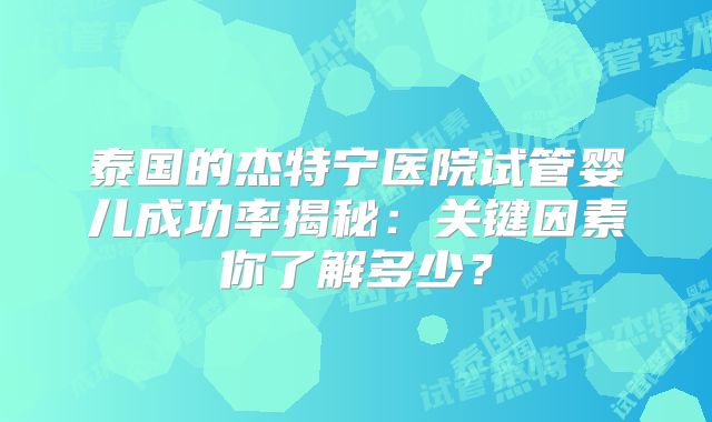 泰国的杰特宁医院试管婴儿成功率揭秘：关键因素你了解多少？