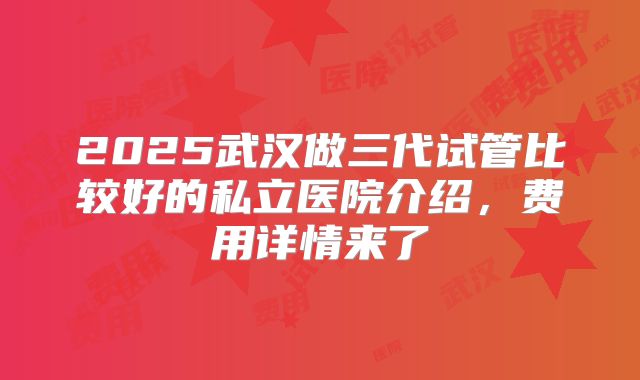 2025武汉做三代试管比较好的私立医院介绍，费用详情来了