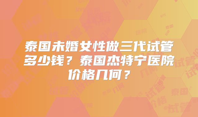 泰国未婚女性做三代试管多少钱？泰国杰特宁医院价格几何？