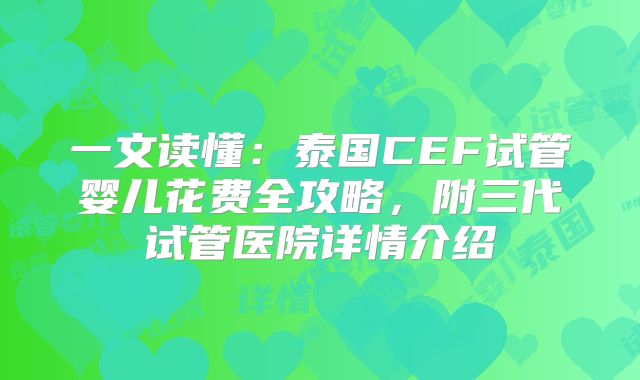 一文读懂：泰国CEF试管婴儿花费全攻略，附三代试管医院详情介绍